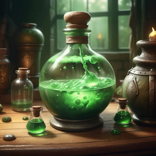 Prompt: hyper-realistic large potion of ultimate Stamina, large green potion, fantasy character art, illustration, dnd, warm tone