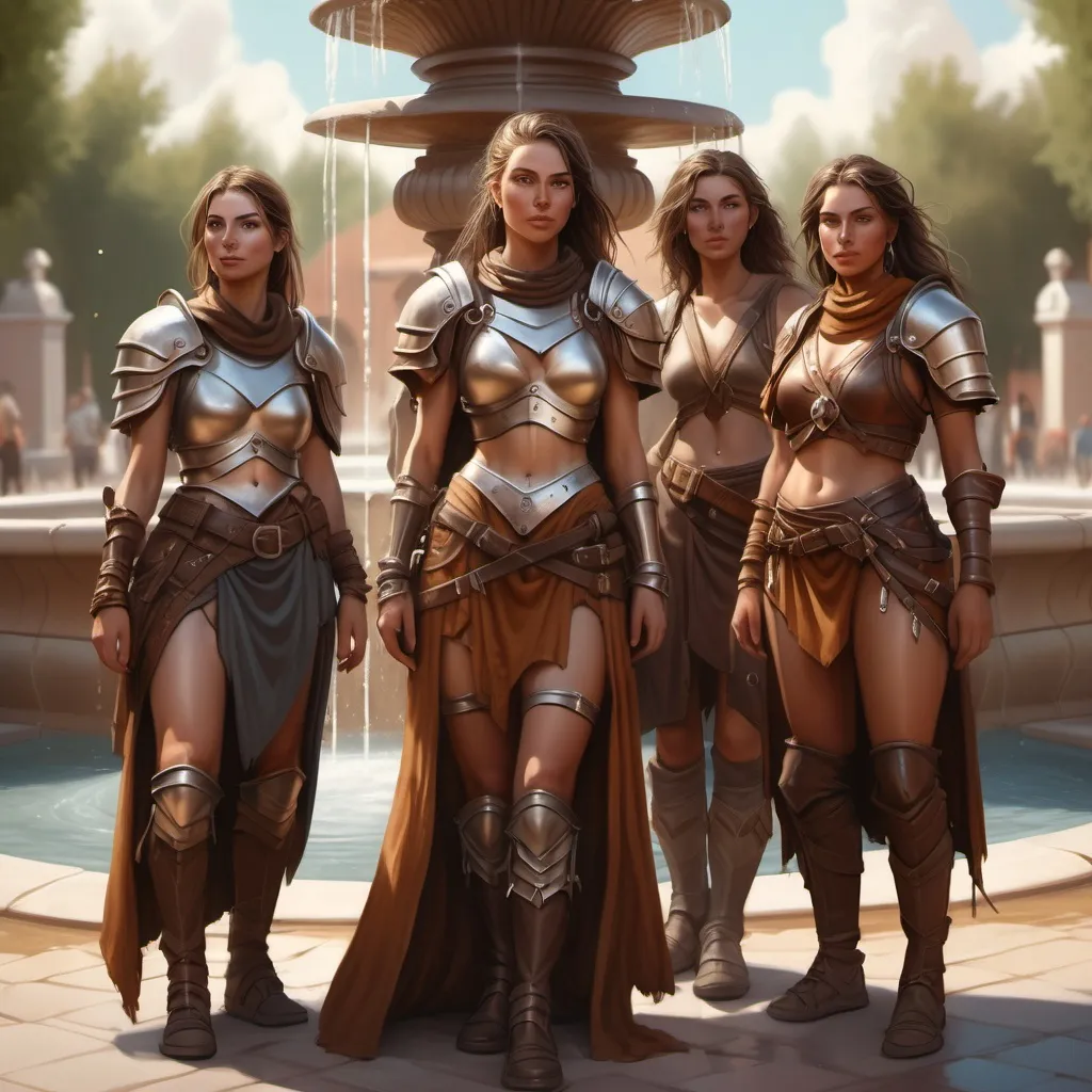 Prompt: hyper-realistic  Group of nomadic women near a fountain, leather armor, fantasy character art, illustration, dnd, warm tone