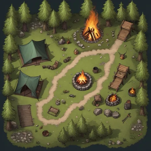 Prompt: A top-down map of a forest campsite with multipletents and a large firepit, 2d dnd battlemap, highly details, 8k