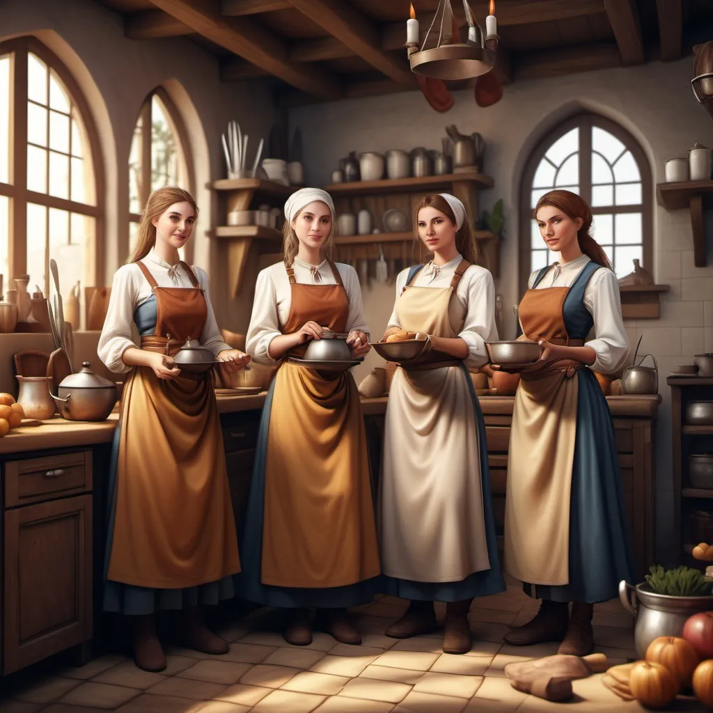 Prompt: hyper-realistic medieval kitchen staff of 4 women, fantasy character art, illustration, dnd, warm tone