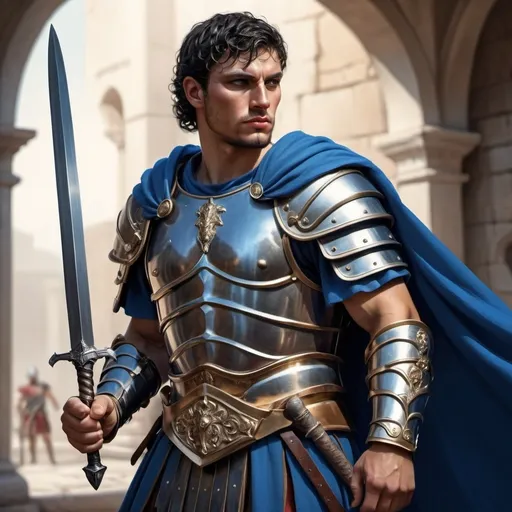 Prompt: hyper-realistic roman warrior with plain steel armor, blue cape, fancy fantasy sword, fantasy character art, illustration, dnd, warm tone