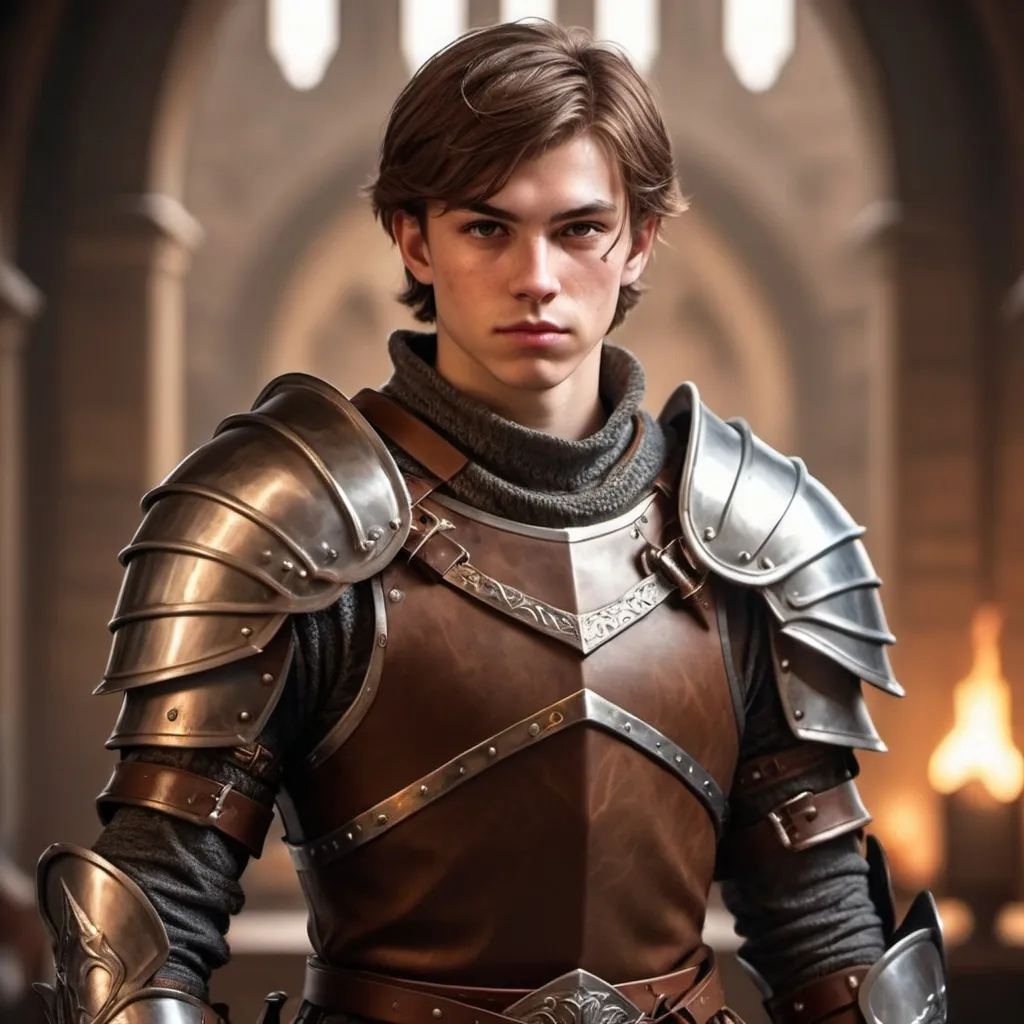 Prompt: hyper-realistic warrior in fancy leather and steel armor. He is About 20 years old with short brown hair. Strong features and a fancy fantasy sword, fantasy character art, illustration, dnd, warm tone