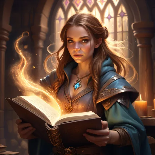 Prompt: hyper-realistic enchanted spellbook, fantasy character art, illustration, dnd, warm tone