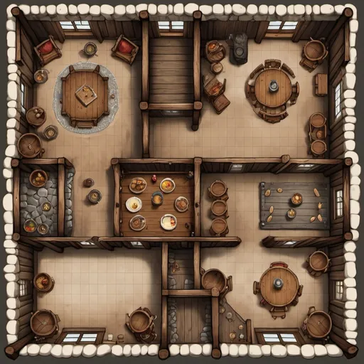 Prompt: A top-down map of a large tavern, 2d dnd battlemap, highly details, 8k