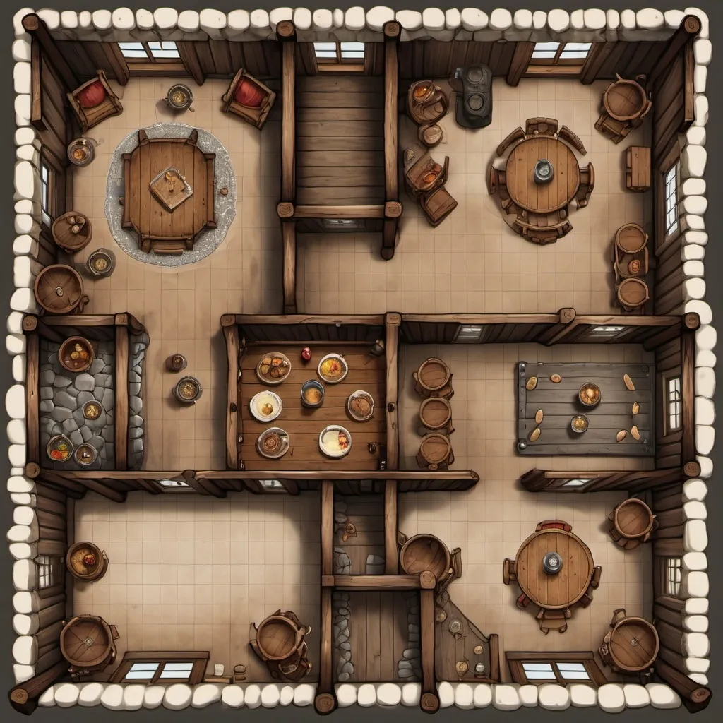 Prompt: A top-down map of a large tavern, 2d dnd battlemap, highly details, 8k