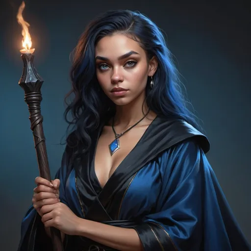 Prompt: hyper-realistic dark witch in her 20's. Black and blue robes.  Light skin, Powerful dark staff illustration, dnd, warm tone