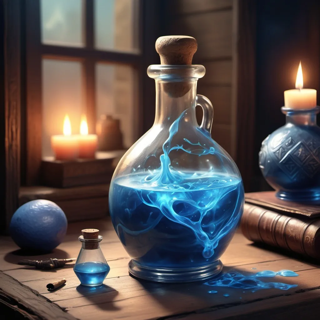 Prompt: hyper-realistic large potion of ultimate Magic, large Blue potion, fantasy character art, illustration, dnd, warm tone