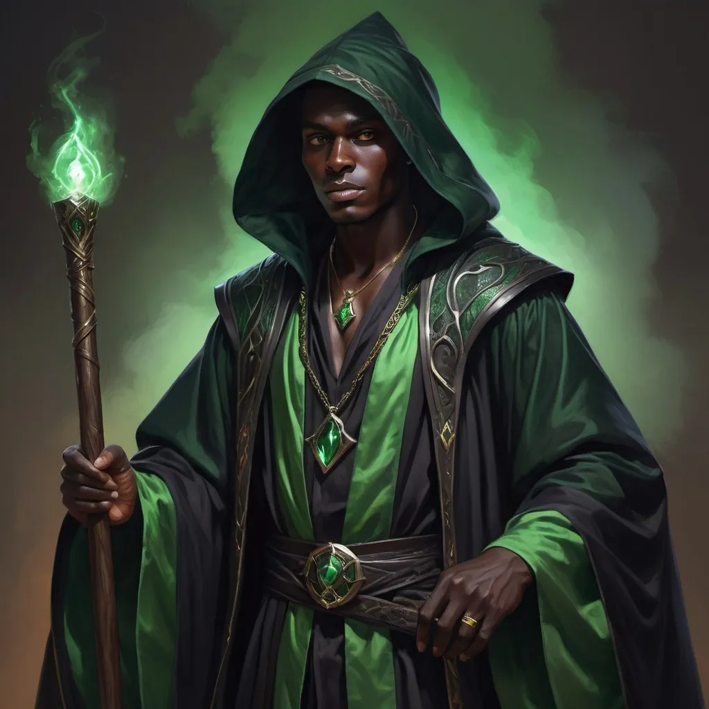 Prompt: hyper-realistic dark wizard in his 20's. Black and green robes.  Dark skin, Powerful dark staff illustration, dnd, warm tone