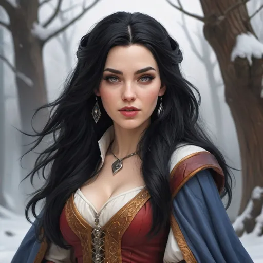 Prompt: hyper-realistic sorceress with black hair that has a singlelock of snow white hair in the front, fantasy character art, illustration, dnd, warm tone