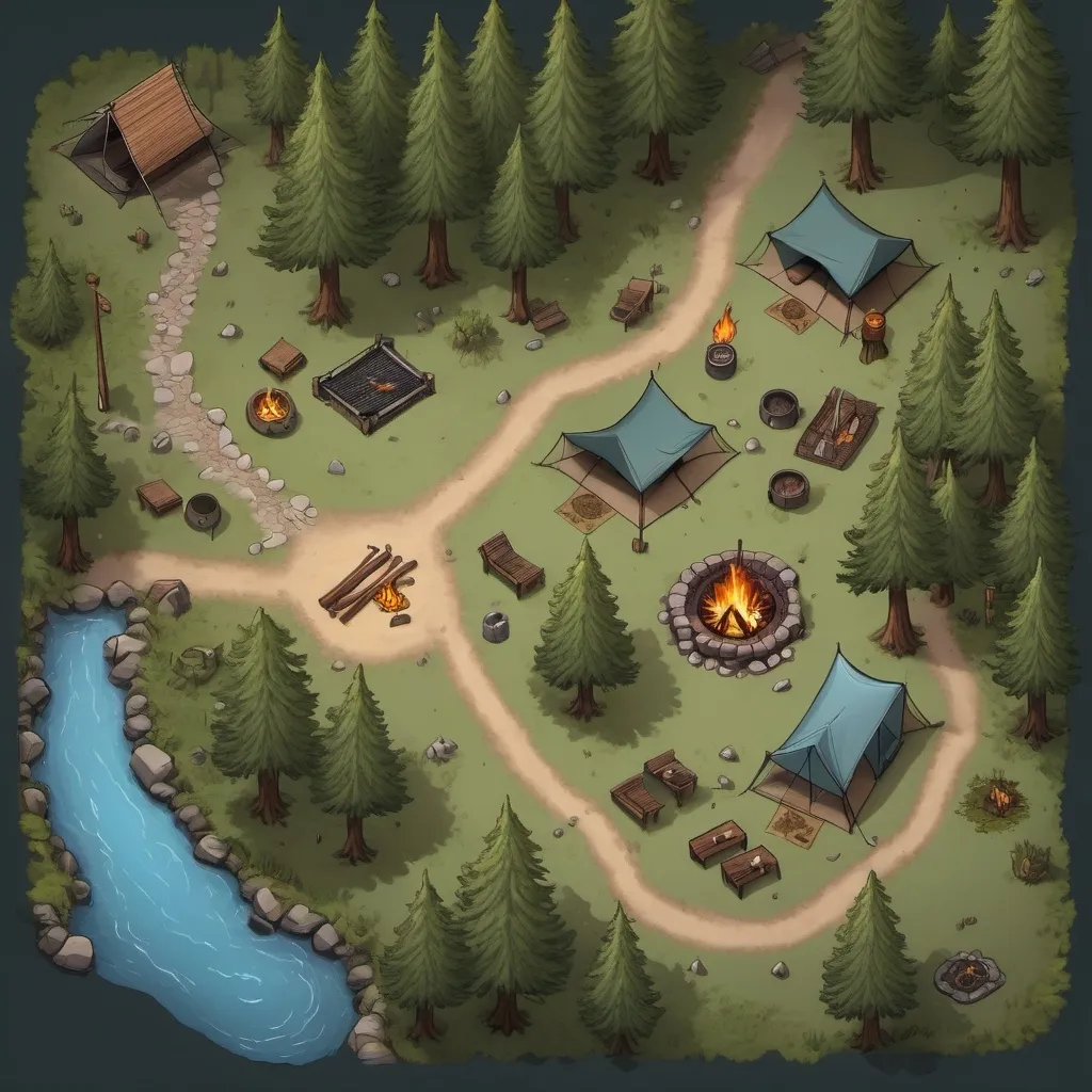 Prompt: A top-down map of a forest campsite with multiple tents surrounding a large firepit, near a river 2d dnd battlemap, highly details, 8k