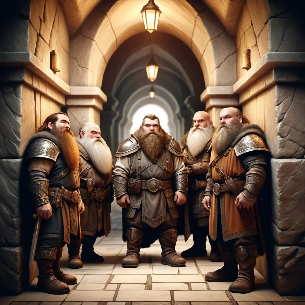 Prompt: hyper-realistic  Group of Dwarven men in a stone hallway, fantasy character art, illustration, dnd, warm tone