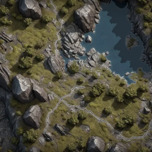 Prompt: A top-down map of a dark rocky mountain, scant vegetation, 3D dnd battlemap, highly details, 8k hyper-realistic 