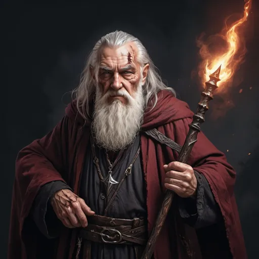 Prompt: hyper-realistic old dark wizard with battle scars, dark red robes, no glasses, tattered white beard, black powerful staff, fantasy character art, illustration, dnd, warm tone