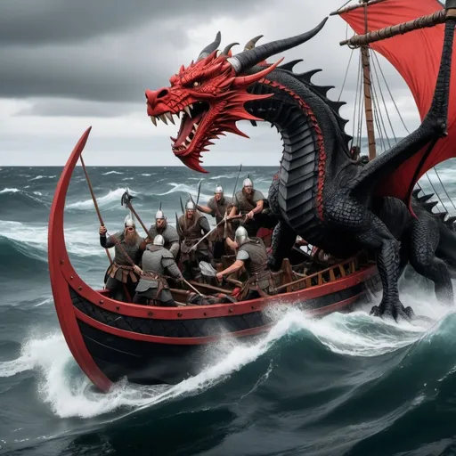 Prompt: Hyper-realistic red and black dragon fighting vikings in longships on the open ocean. 