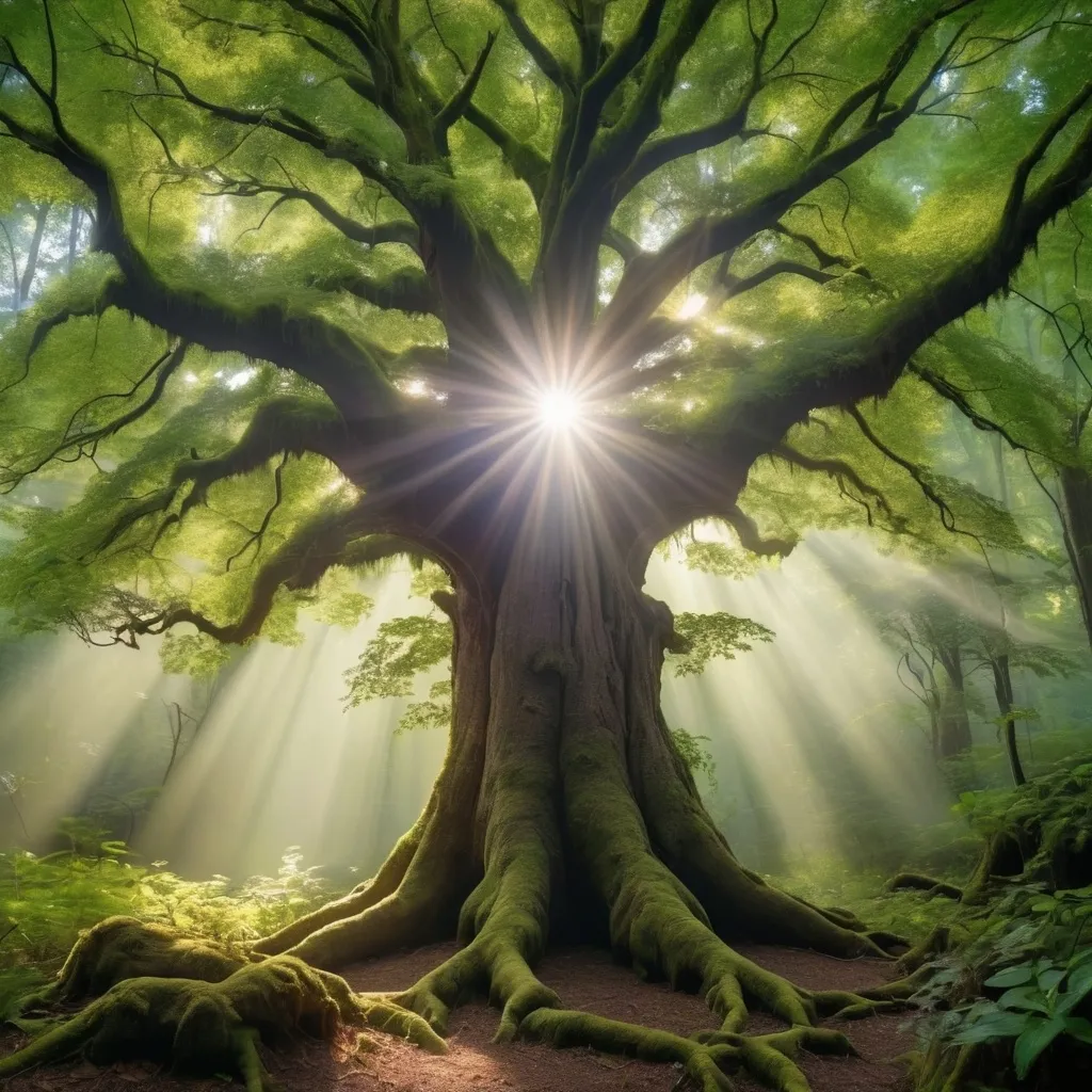 Prompt: Large elder tree that gives life to the world around it in a mystical forest around sunlight