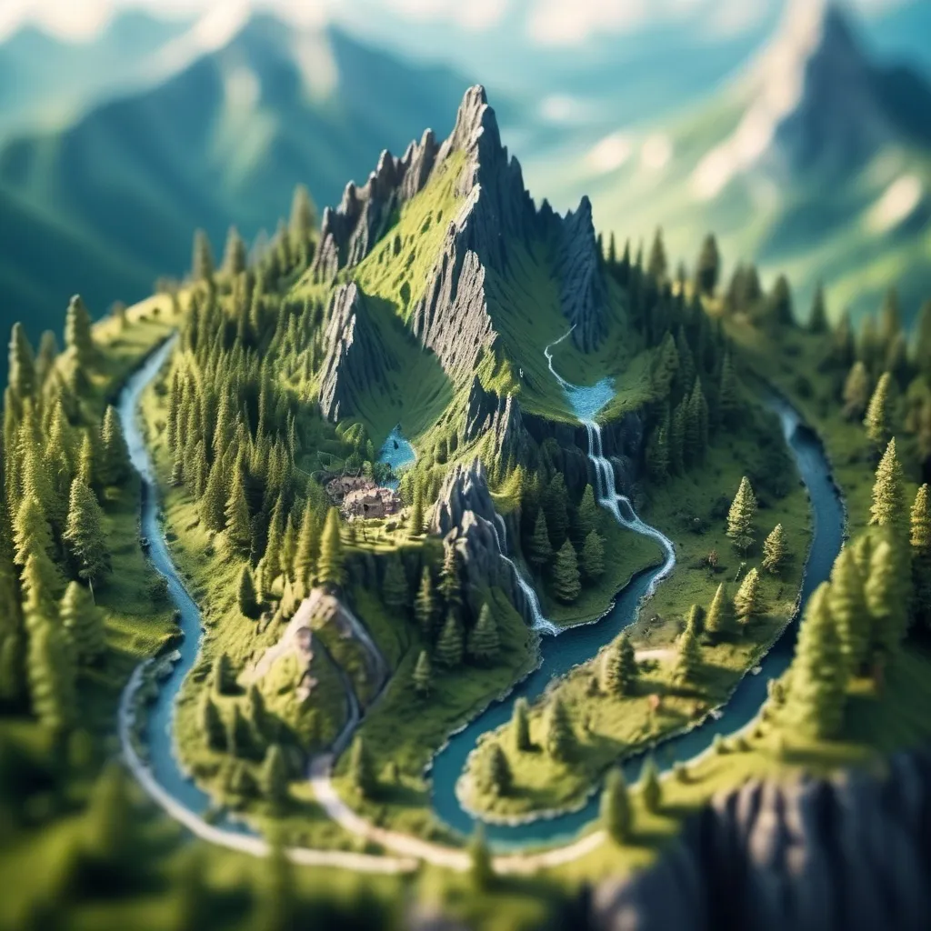 Prompt: aerial view, tilt-shift, isometric miniature world, detailed landscape world render with a lush forest leading to a tall mountain, fantasy art, medieval setting 