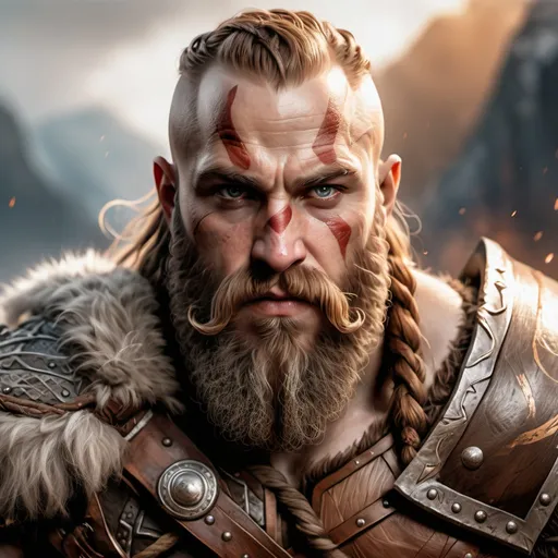 Prompt: hyper-realistic  Viking god of war, Braded beard, no helmet, fantasy character art, illustration, dnd, warm tone