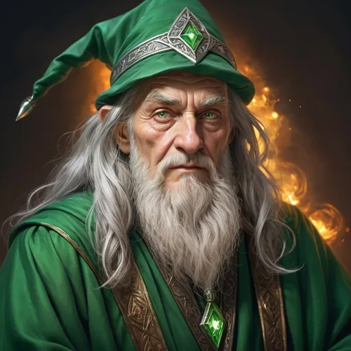 Prompt: hyper-realistic old wizard with Green robes and bright silver eyes, fantasy character art, illustration, dnd, warm tone