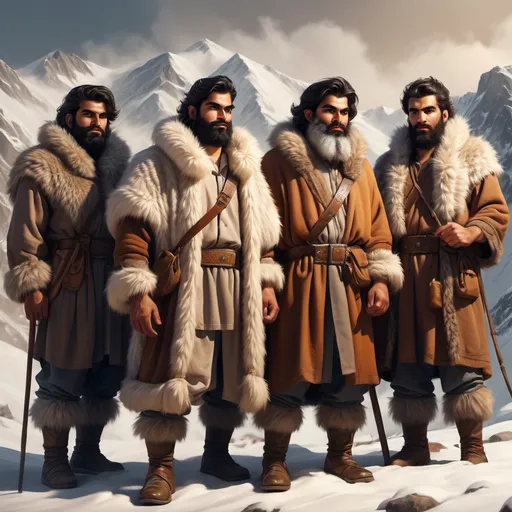 Prompt: hyper-realistic group of Persian men in fur clothing, mountain men, fantasy character art, illustration, dnd, warm tone