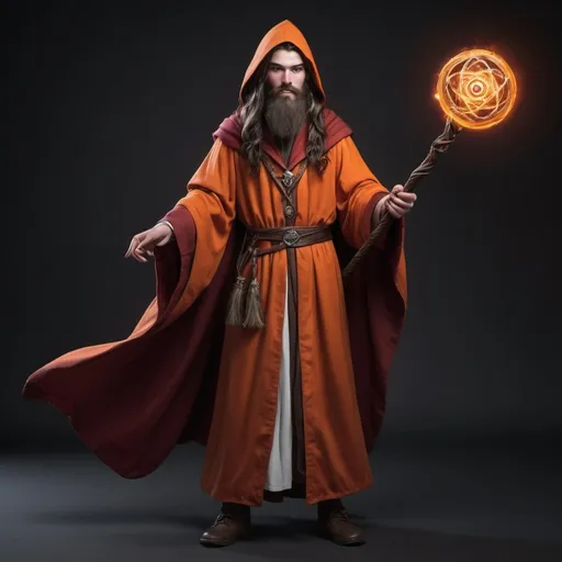 Prompt: hyper-realistic 20 year old, 6 ft, Caucasian, wizard, orange glowing eyes, dark brown hair with white tips, red robes, carrying a twisted orbed staff, character, D&D