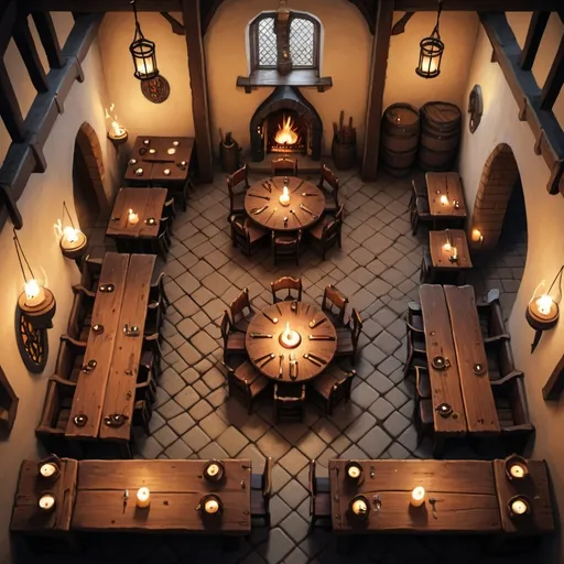 Prompt: Top down view of the interior of a medieval Inn with at least 10 tables and a bar and barstools, fantasy art, dnd, candle lighting, nice fireplace 