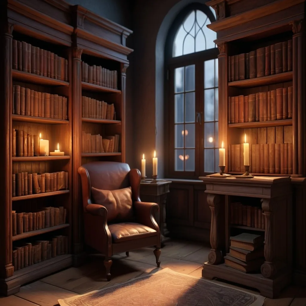 Prompt: An old bookshelf in a candle lit study, old books and scrolls, high quality, unreal engine