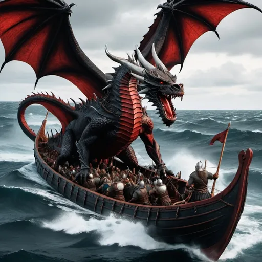 Prompt: Hyper-realistic flying red and black dragon attacking vikings in longships on the open ocean. 