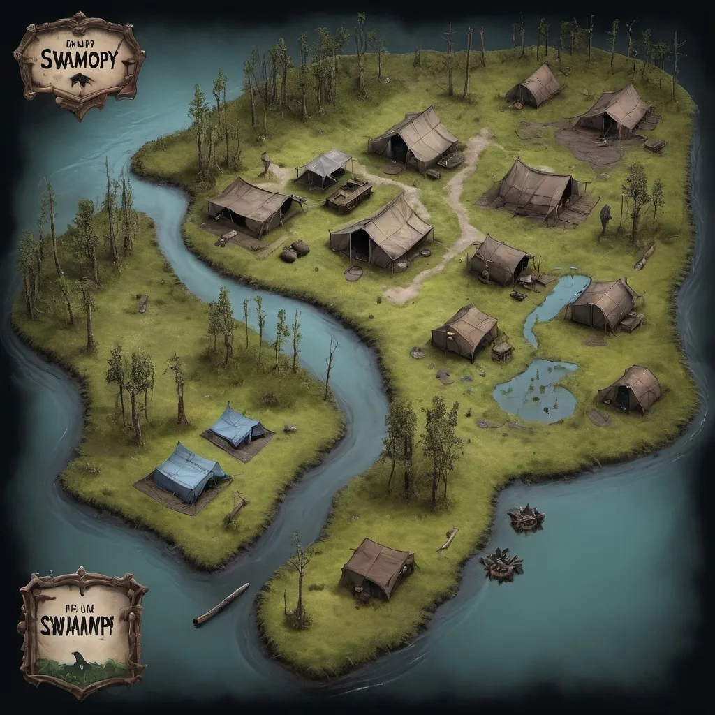 Prompt: Map of a Hyper-realistic mid-evil camp in a swampy area