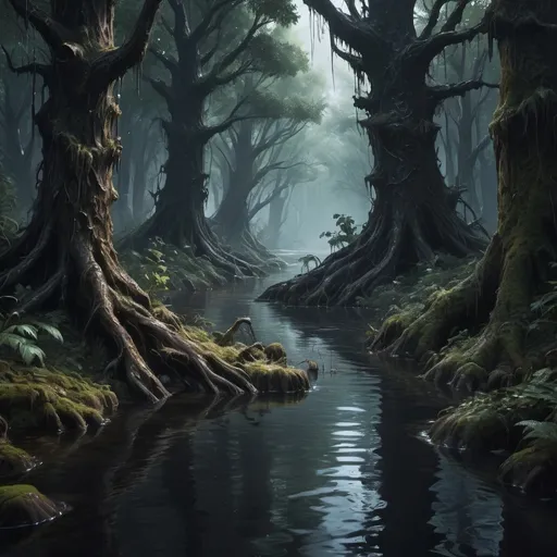 Prompt: Hyper-realistic dark dense forest covered in oil and disease, large dark river, fantasy character, D&D