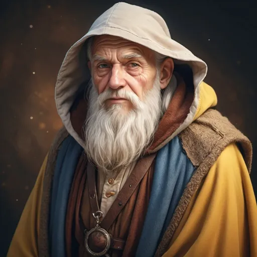 Prompt: hyper-realistic old man with a snow white beard in travel stained clothes andan old cloak, fantasy character art, illustration, dnd, warm tone