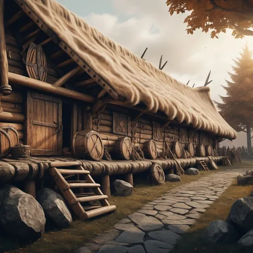 Prompt: hyper-realistic viking longhouse, outside view fantasy character art, illustration, dnd, warm tone