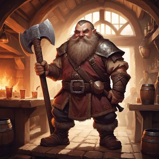 Prompt: dwarf character with a human like face holding an axe in a tavern , fantasy character art, illustration, dnd, warm tone