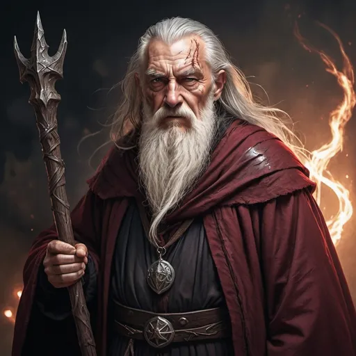 Prompt: hyper-realistic old dark wizard with battle scars, dark red robes, no glasses, tattered white beard, black powerful staff, fantasy character art, illustration, dnd, warm tone