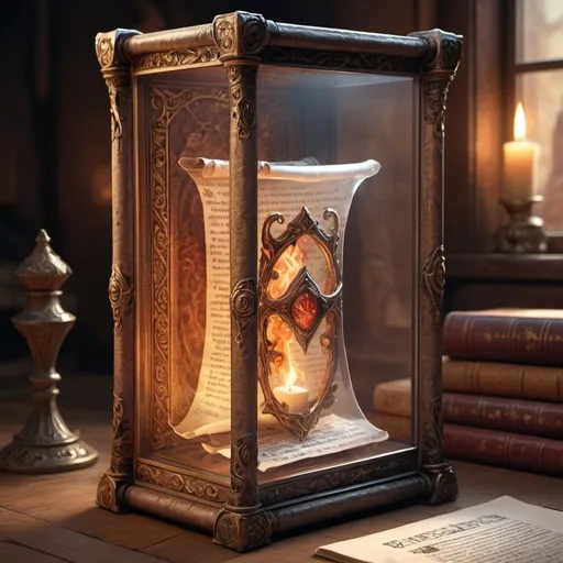 Prompt: hyper-realistic glass case with a cursed scroll , fantasy character art, illustration, dnd, warm tone