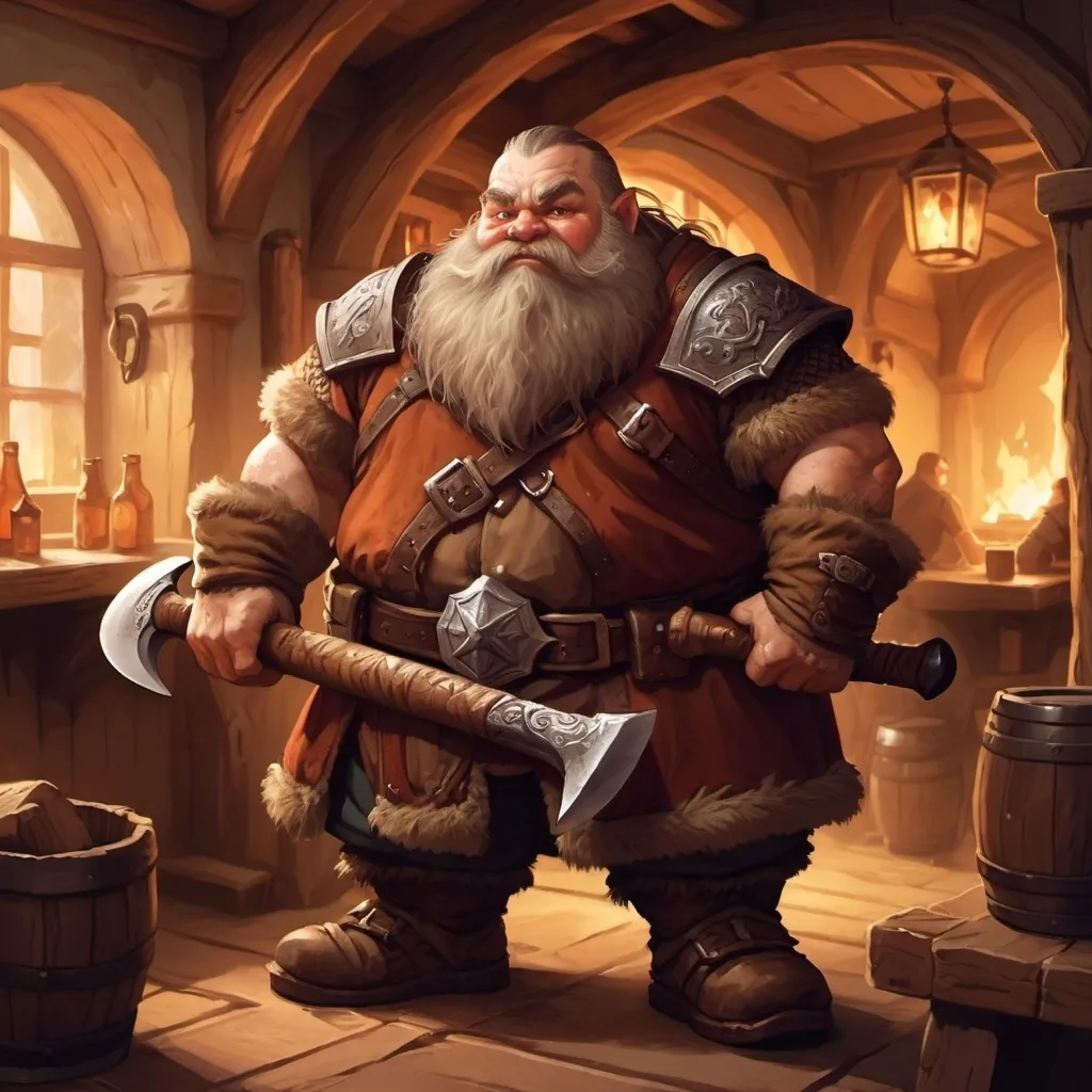 Prompt: dwarf character holding an axe in a tavern , fantasy character art, illustration, dnd, warm tone