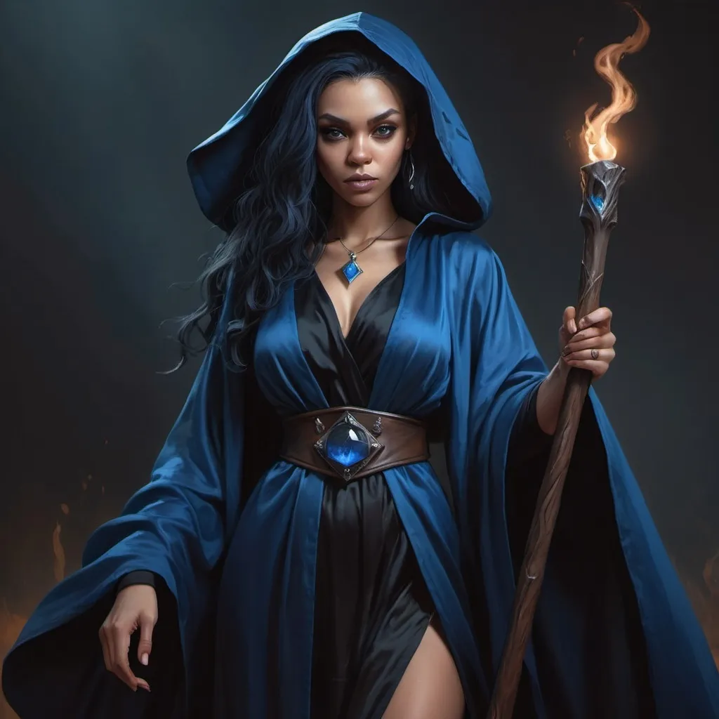 Prompt: hyper-realistic dark witch in her 20's. Black and blue robes.  Light skin, Powerful dark staff illustration, dnd, warm tone