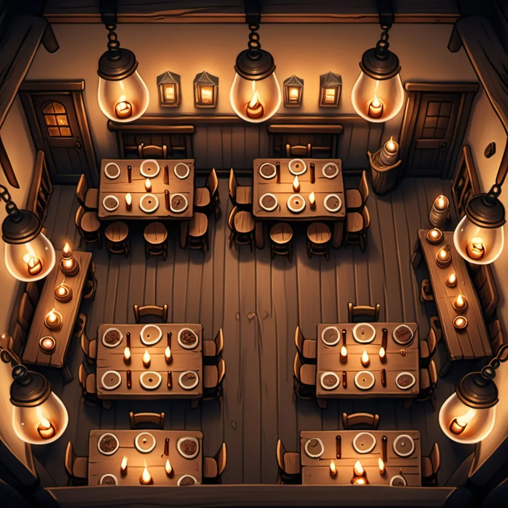 Prompt: hyper-realistic top down view of a Tavern with  several long tables, a bar, and lots of lit candles, fantasy character art, illustration, dnd, warm tone