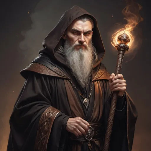 Prompt: hyper-realistic evil wizard in his 20's with black and brown robes, holding a powerful staff, fantasy character art, illustration, dnd, warm tone