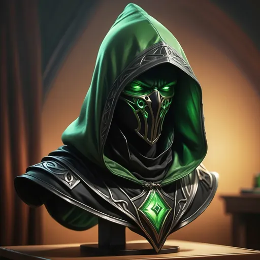 Prompt: hyper-realistic, green and black hood on a stand, magical energy fantasy character art, illustration, dnd, warm tone