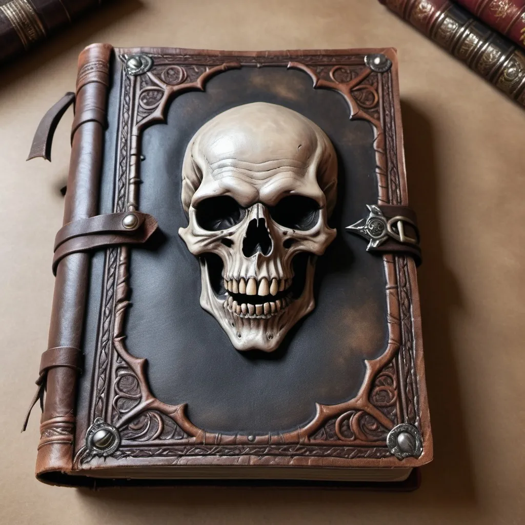 Prompt: hyper-realistic old leather book of Grim, fantasy character art, illustration, dnd