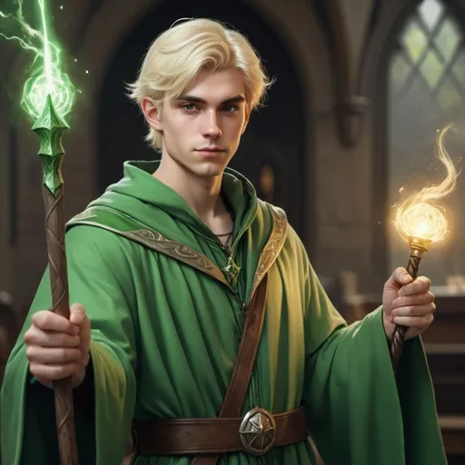 Prompt: hyper-realistic human wizard in his early 20's. Green robes with a power staff. Short blonde hair no beard, fantasy character art, illustration, dnd, warm tone