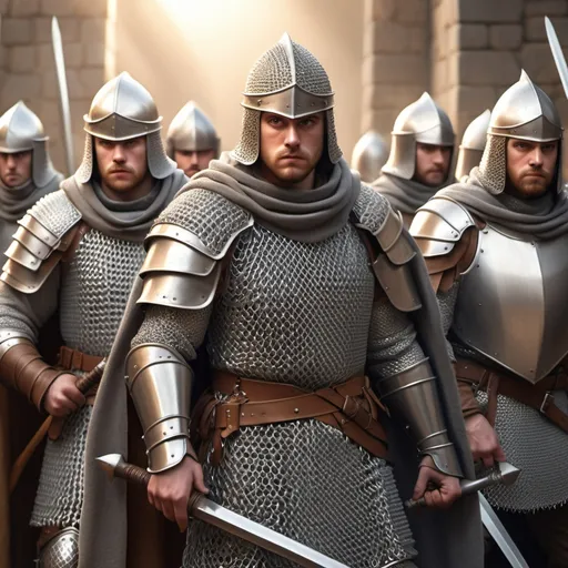 Prompt: hyper-realistic  Group of english warriors in chainmail armor, grey cloaks, fantasy character art, illustration, dnd, warm tone