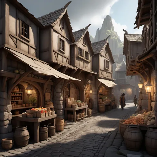 Prompt: small settlement, shops and vendors, stone streets, wooden buildings, dramatic fantasy settlement scene, cinematic lighting