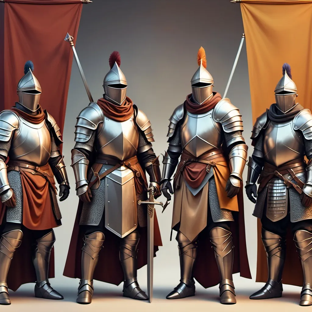 Prompt: hyper-realistic Group of men in full plate armor with different color banners, fantasy character art, illustration, dnd, warm tone