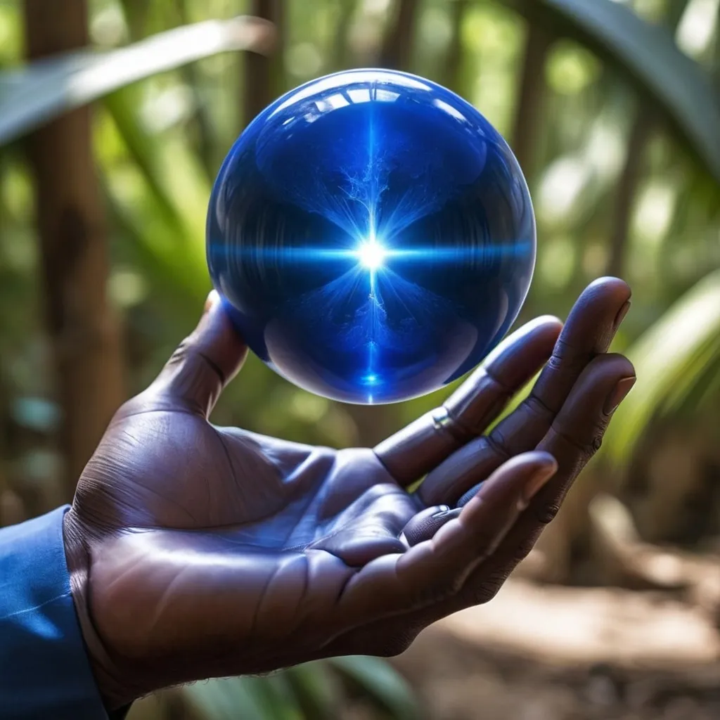 Prompt: Powerful blue orb about the size of a man's palm