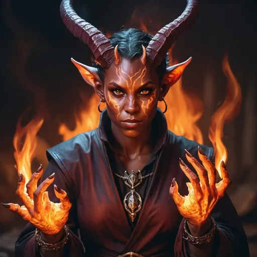 Prompt: hyper-realistic an evil Tiefling character with fire hands and a deadly gaze, fantasy character art, illustration, dnd, warm tone