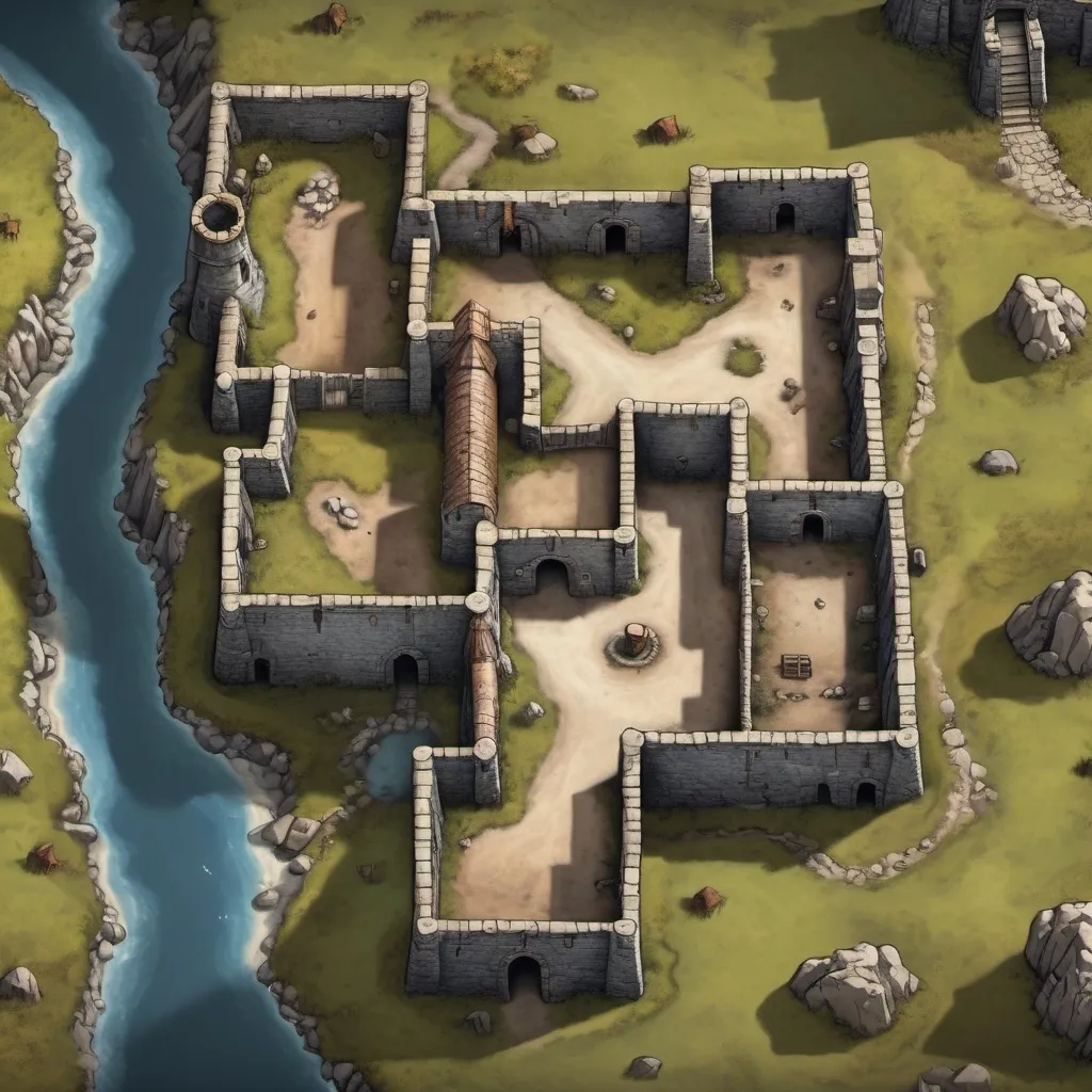 Prompt: A top-down hyper realistic map of an old fort , 2d dnd battlemap, highly detailed, 8k