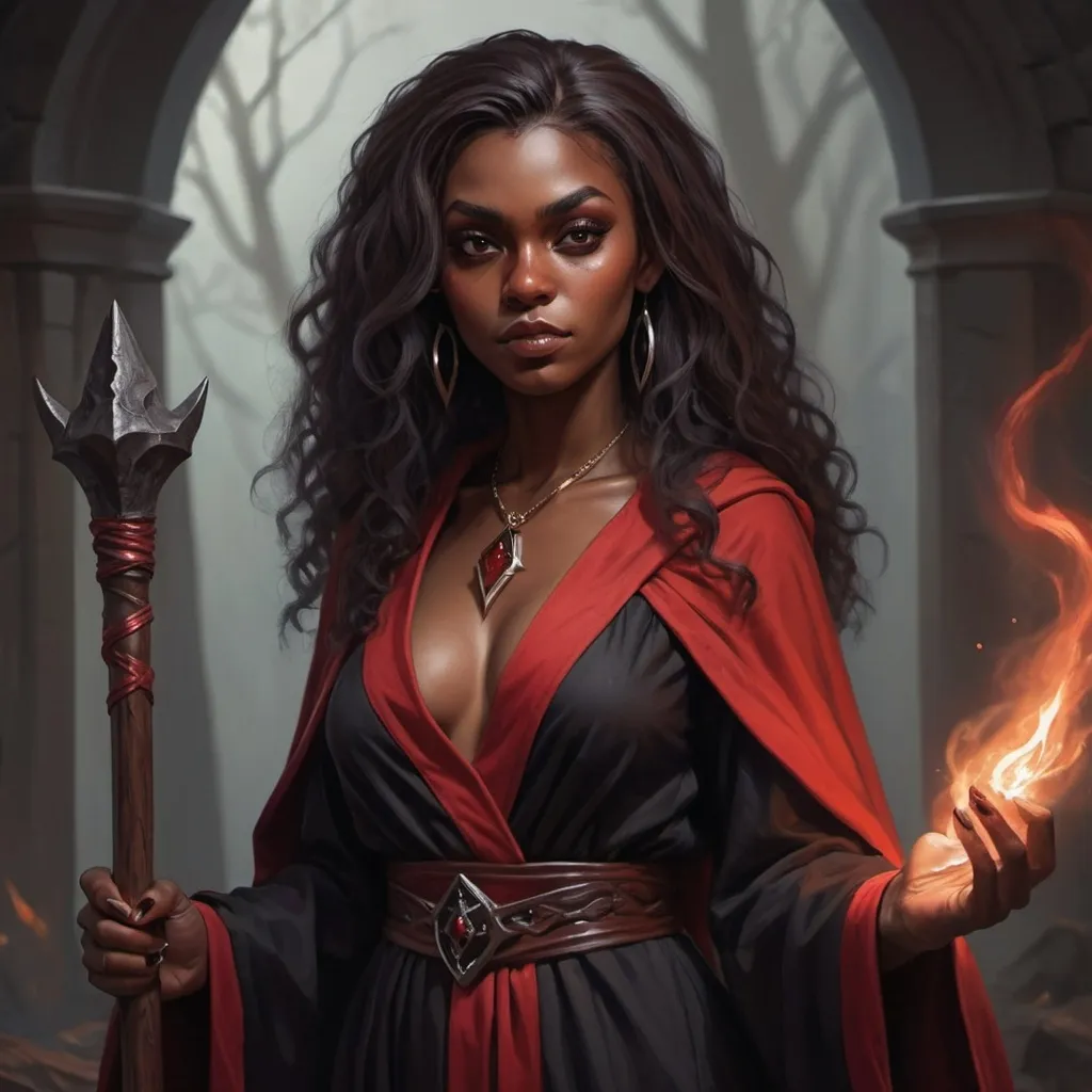 Prompt: hyper-realistic dark witch in her 20's. Black and red robes.  Brown skin, Powerful dark staff illustration, dnd, warm tone