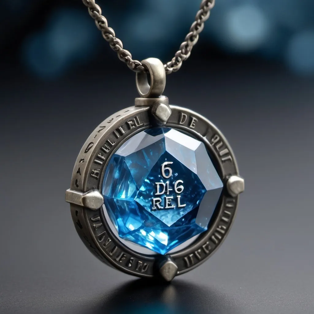 Prompt: Hyper-realistic blue crystal talisman necklace inscribed with “+1D6” re-roll slider wheel