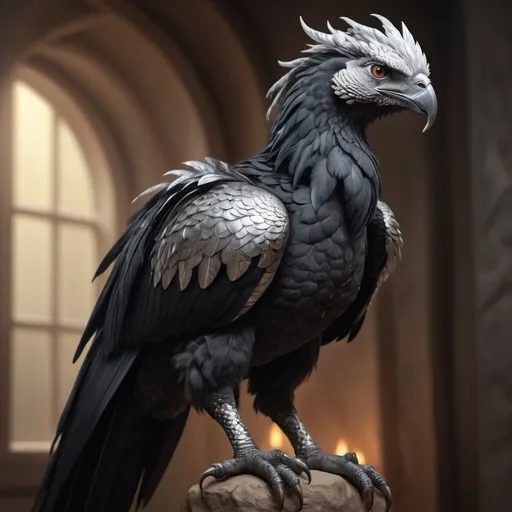 Prompt: hyper-realistic full body black and silver cockatrice, fantasy character art, illustration, dnd, warm tone